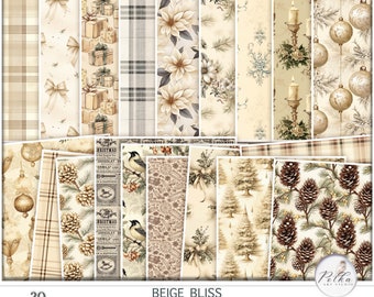 Christmas Digital Beige Junk Journal Neutral Scrapbook Papers, Cream Journaling Pages,Printable Digital Download, Winter Plaid, Collage