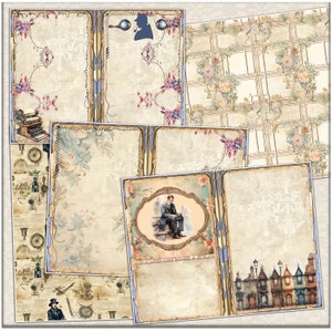 May include: A set of six vintage-style printable journal pages with decorative borders and illustrations. The pages feature a typewriter, a compass, a man in a top hat, a row of houses, and floral designs.