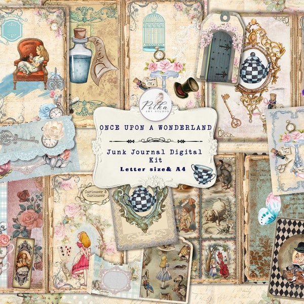 Digitales Junk Journal Kit, Einmal im Wunderland, Alice Abenteuer, Romantische Alice Seiten, druckbares Digi Kit, Digital Download