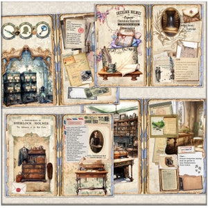 May include: A vintage-style scrapbook page with a Sherlock Holmes theme. The page features a variety of images, including a magnifying glass, a clock, a key, a map, and a letter. The page also includes text that reads "A Reminiscence of Sherlock Holmes. The Adventure of the Red Circle." and "Expert Consulting Detective 221B Baker Street."