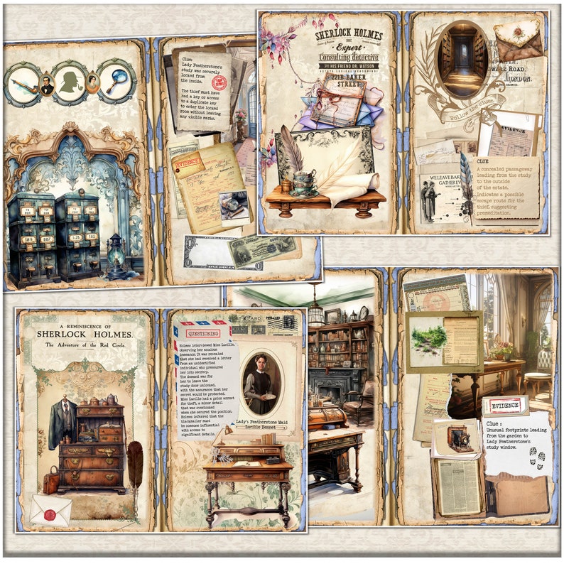 May include: A vintage-style scrapbook page with a Sherlock Holmes theme. The page features a variety of images, including a magnifying glass, a clock, a key, a map, and a letter. The page also includes text that reads "A Reminiscence of Sherlock Holmes. The Adventure of the Red Circle." and "Expert Consulting Detective 221B Baker Street."