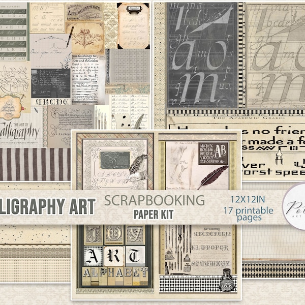 Digital Scrapbook Paper, Vintage Calligraphy Scrapbooking, Collage Sheets, Digital Download, Printable Papers Set, Junk Journals,Paper Craft