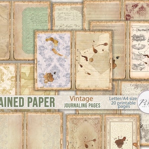 Junk Journal Vintage Kaffee gebeiztes Papier-Set, druckbare digitale Papiere, Journaling leere Typografie, Spitze, Damast-Seiten, grungy Papier-Set