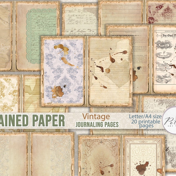 Junk Journal Vintage Coffee Stained Paper Set, Printable Digital Papers, Journaling Blank Typography, Lace, Damask Pages, Grungy Paper Set