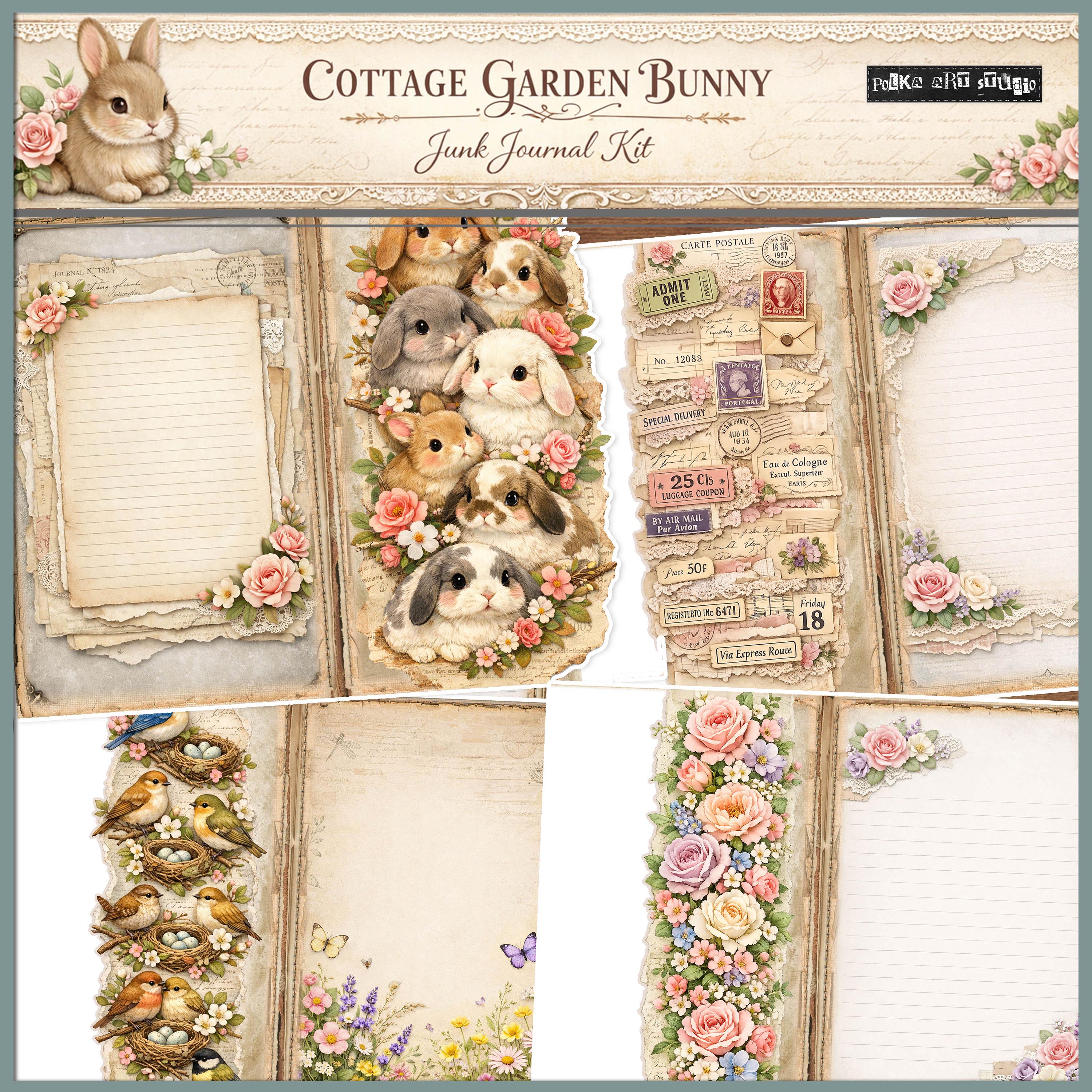 Cottage Garden Bunny Digital Junk Journal Kit, Shabby Chic Spring ...