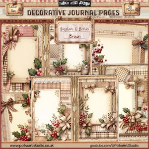 Diario di Natale digitale, quadretti decorativi e bacche, marrone neutro, rustico, invernale, pagine del diario, pacchetto di carta, vintage, download immediato