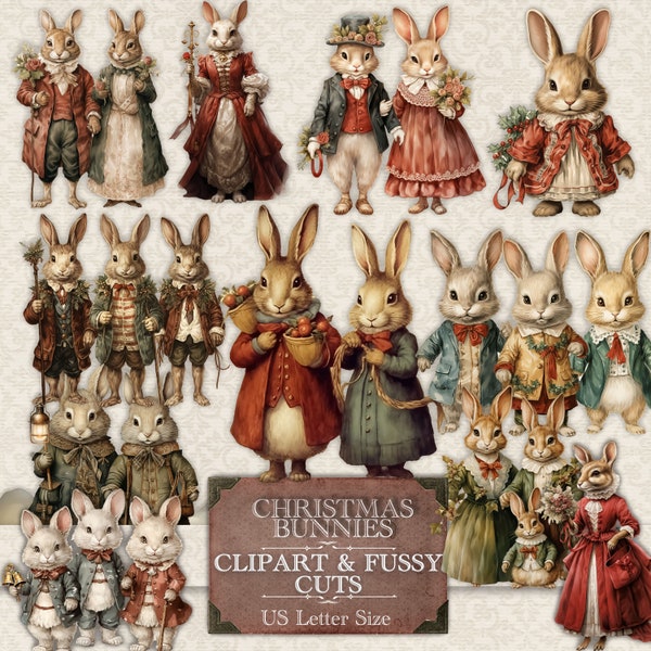 Junk Journal Clipart and Fussy Cuts, Victorian Christmas Winter Bunnies, Festive Hares, Printable Pages, Digital Download, Cricut, Stickers