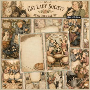 May include: A Cat Lady Society junk journal kit featuring vintage-style illustrations of people with cats in various settings. The collection includes decorative papers, lined stationery, and floral accents in muted earth tones and soft pastels.