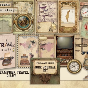 Junk Journal Kit "Een Steampunk-reisset" 29 pagina's | A4- en Letter-formaat, digitale directe download | Reisdagboek, plakboeken