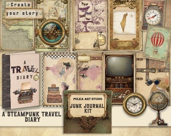 May include: A steampunk themed junk journal kit with a variety of vintage-inspired papers, embellishments, and ephemera. The kit includes a travel diary cover, a clock face, a compass, a hot air balloon, and a vintage television. The kit is perfect for creating a unique and personalized journal.