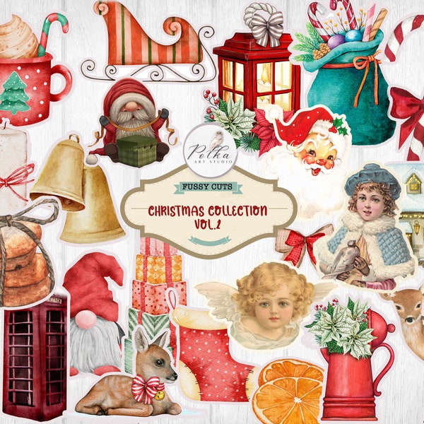 Junk Journal Christmas Fussy Cuts Collection VOL 2- 7 pages - Vintage Decoration, Santa, Animals, Flowers, Printable Stickers, Watercolor