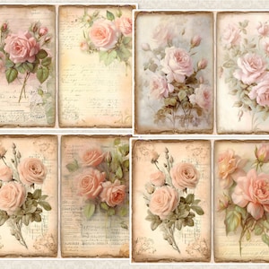 Journal indésirable, vintage, pages de journal shabby Chic roses roses et éphémères, étiquettes, fleurs, téléchargement numérique imprimable, pages florales de scrapbooking image 2