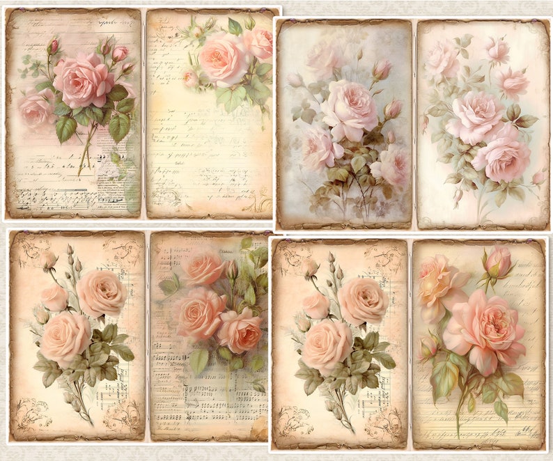 Journal indésirable, vintage, pages de journal shabby Chic roses roses et éphémères, étiquettes, fleurs, téléchargement numérique imprimable, pages florales de scrapbooking image 2