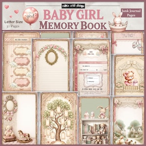 May include: A Baby Girl Memory Book with 30 pages, featuring a vintage design. The cover includes the text "Baby Girl Memory Book" and "It's a Girl" with a balloon illustration. The pages have decorative elements like floral borders and teddy bears.