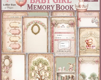 Peut inclure: Un carnet de souvenirs pour bébé fille de 30 pages, avec un design vintage. La couverture comprend le texte "Baby Girl Memory Book" et "It's a Girl" avec une illustration de ballon. Les pages ont des éléments décoratifs.