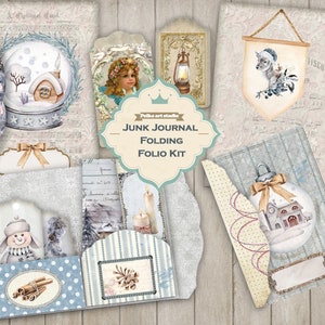 Junk Journal Folio Folding kit / 2 Winter/Christmas designs and matching ephemera / Printable Instant download