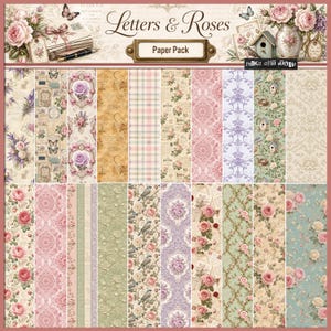 May include: A collection of decorative paper sheets titled Letters & Roses Paper Pack. The set features various patterns including pink roses, lavender, birds, birdhouses, damask prints, plaid, and vintage script text in soft pastel colors.