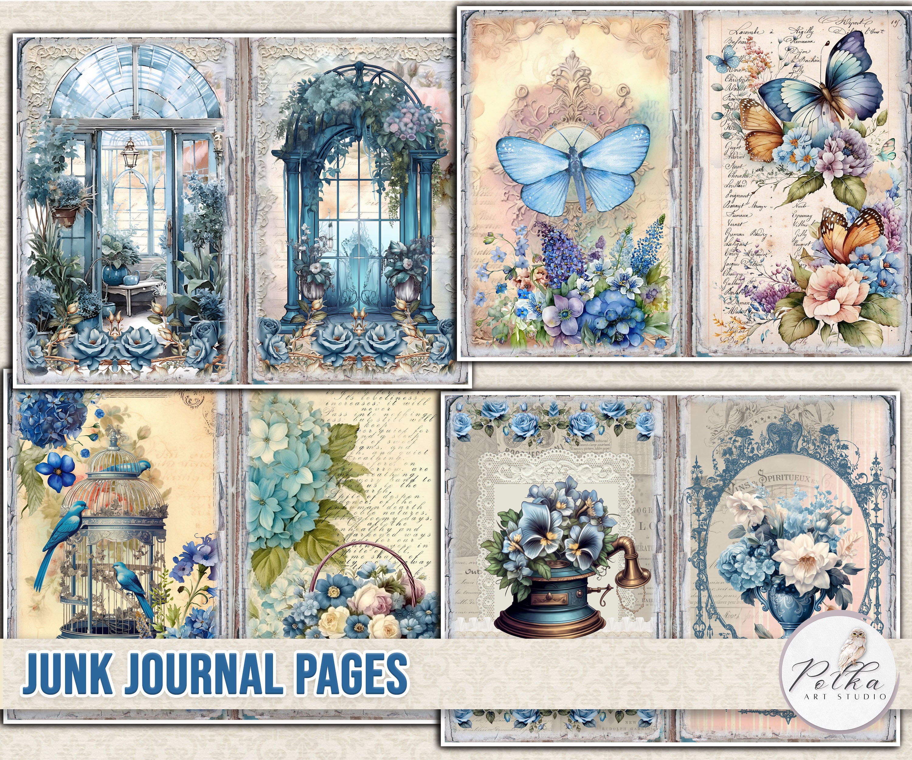 Blue Floral Junk Journal Kit: Vintage Printable Collage Sheets (digital ...