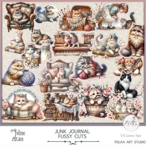 Junk Journal Stickers, Victorian Cats Fussy Cuts Printable Pages, Digital Download, Cricut, Cat Cutties, Digital papers, Embellishments zdjęcie 1