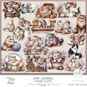 Junk Journal Stickers, Victorian Cats Fussy Cuts Printable Pages, Digital Download, Cricut, Cat Cutties, Digital papers, Embellishments zdjęcie 1