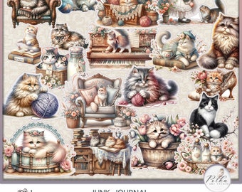 Junk Journal Stickers, Victoriaanse katten kieskeurige bezuinigingen afdrukbare pagina's, digitale download, Cricut, Cat Cutties, digitale papers, versieringen