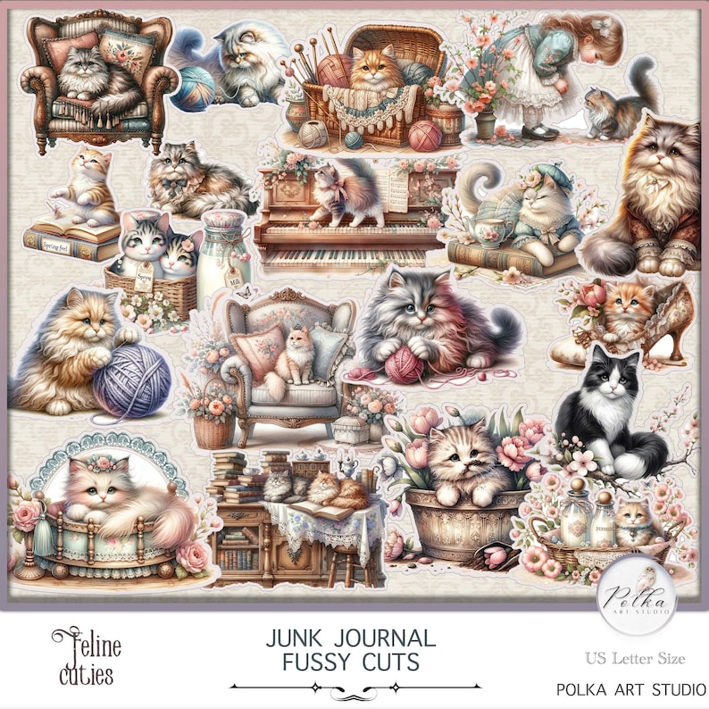 Junk Journal Stickers, Victorian Cats Fussy Cuts Printable Pages, Digital Download, Cricut, Cat Cutties, Digital papers, Embellishments image 1