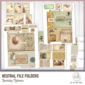 May include: Printable file folder set with a neutral color scheme. The set includes a variety of decorative elements, including birds, flowers, and vintage-style text. The file folders are designed for journaling and scrapbooking.