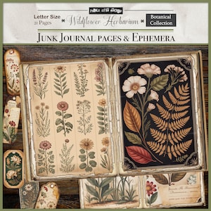 Può includere: Pagine aperte di un diario spazzatura con illustrazioni botaniche. Le pagine presentano disegni in stile vintage di fiori selvatici e piante in vari colori. Il diario include etichette con disegni floreali e testo. Il testo sul diario recita "Wildflower Herbarium" e "Junk Journal Pages & Ephemera."
