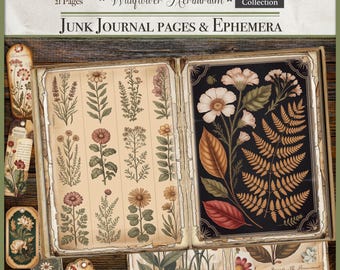 May include: Open junk journal pages with botanical illustrations. The pages feature vintage-style drawings of wildflowers and plants in various colors. The journal includes tags with floral designs and text. The text on the journal reads "Wildflower Herbarium" and "Junk Journal Pages & Ephemera."