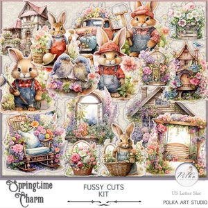 Journal numérique pour le printemps, coupes difficiles, papiers, illustrations numériques de lapins, fleurs, printemps, jardin, autocollants numériques vintage rustiques
