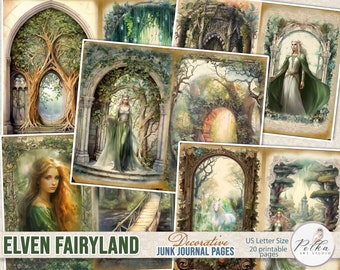 May include: A set of 20 printable junk journal pages featuring an elven fairyland theme. The pages include images of a forest, a bridge, a unicorn, and an elf in a green dress. The text "Elven Fairyland" and "Decorative Junk Journal Pages" is included in the image.