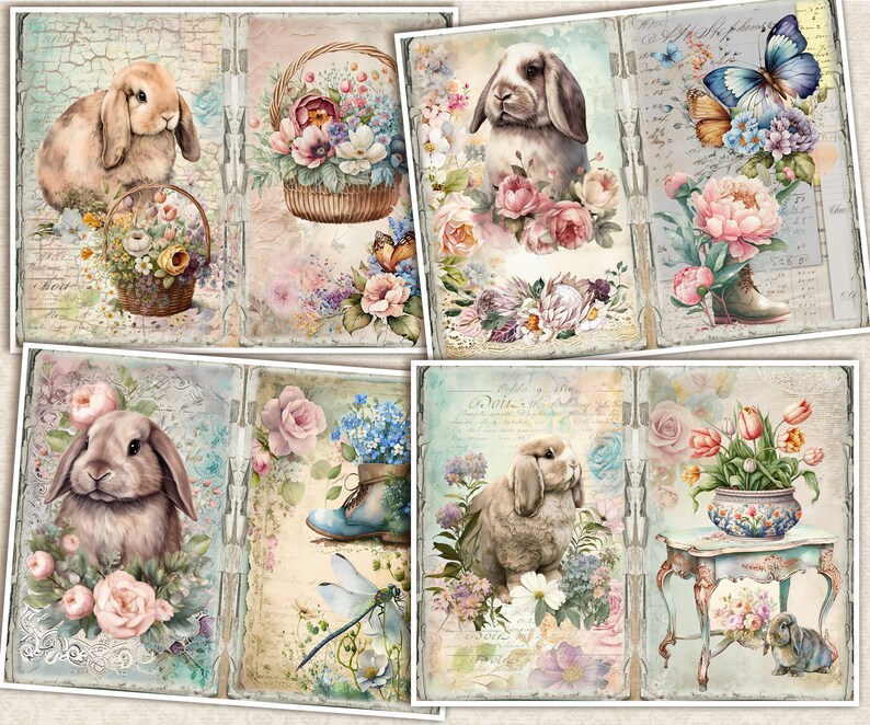 Vintage Easter Bunny Junk Journal Kit: Shabby Chic Collage Papers ...