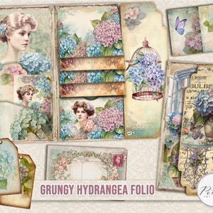 Vintage Hydrangea Junk Journal Folio - Printable Loaded Insert, Floral Ephemera Digi Craft Kit, Folded Folio for Scrapbook & DIY Journaling