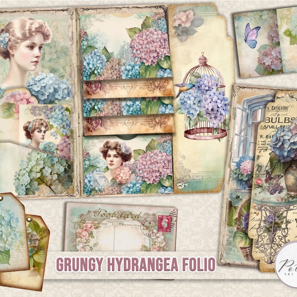 Junk Journal  Vintage Folio, Journal Insert, Hydrangea Vintage Ephemera, Loaded Folded Folio Printable Craft Digi Kit, Flowers,Scrapbook