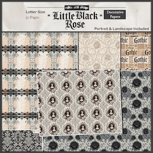 May include: Decorative papers with various patterns, including floral, cameo, and script designs. The papers feature a gothic aesthetic with black, gray, and beige color schemes. The text "Little Black Rose" is visible.