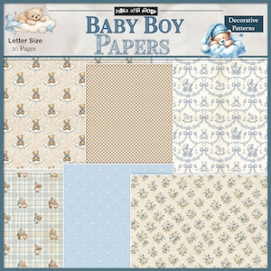 Puede incluir: Baby Boy Papers, una colecci&oacute;n de papeles decorativos con varios patrones. Los dise&ntilde;os incluyen ositos de peluche, lunares, motivos florales y temas para beb&eacute;s en colores azul claro, beige y crema. Los papeles son tama&ntilde;o carta y contienen 20 p&aacute;ginas.