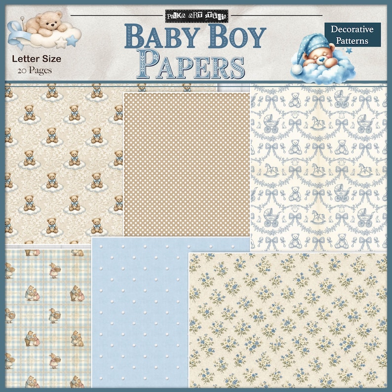 Puede incluir: Baby Boy Papers, una colecci&oacute;n de papeles decorativos con varios patrones. Los dise&ntilde;os incluyen ositos de peluche, lunares, motivos florales y temas para beb&eacute;s en colores azul claro, beige y crema. Los papeles son tama&ntilde;o carta y contienen 20 p&aacute;ginas.