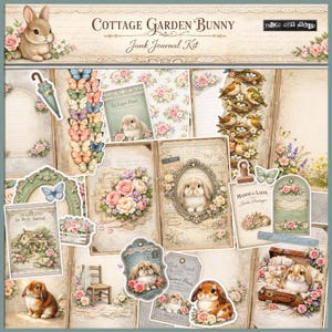 May include: A Cottage Garden Bunny junk journal kit featuring bunny illustrations, floral arrangements, and butterfly accents. The kit includes various paper ephemera with a vintage aesthetic. The color scheme is soft, with pastel tones and floral patterns, evoking a whimsical feel.
