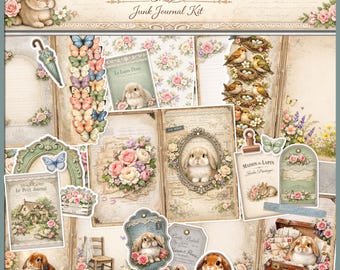 May include: A Cottage Garden Bunny junk journal kit with various decorative elements. The kit includes images of bunnies, flowers, butterflies, and vintage-style ephemera. The color palette features soft pastels and floral patterns, creating a whimsical and vintage aesthetic.