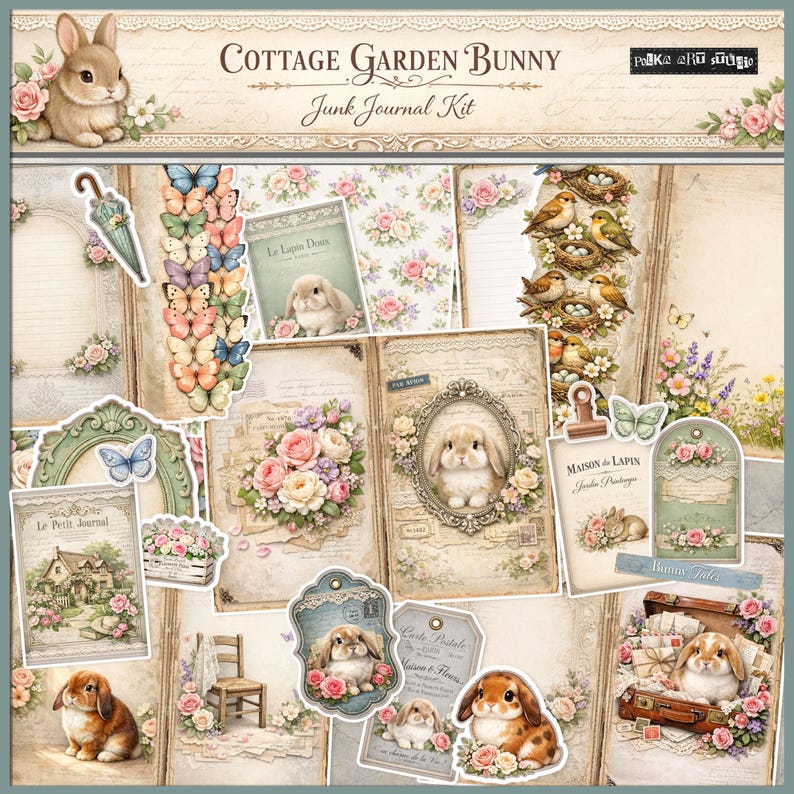 Cottage Garden Bunny Digital Junk Journal Kit, Shabby Chic Spring ...