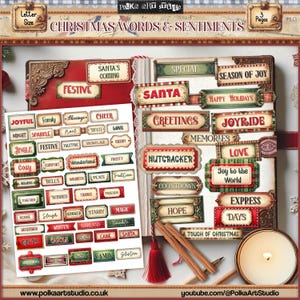 Palavras decorativas de Natal digitais, sentimentos festivos, palavras de inverno, scrapbooking, diário de lixo, suprimentos de artesanato, impressão vintage
