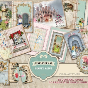 Junk Journal "Simply Alice" Journaling kit / Printable paper, digital, download, 38 Pages, Wonderland Scrapbooking kit