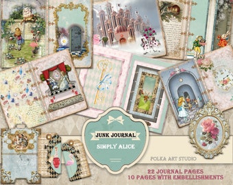 Junk Journal "Simply Alice" Journaling kit / Printable paper, digital, download, 38 Pages, Wonderland Scrapbooking kit