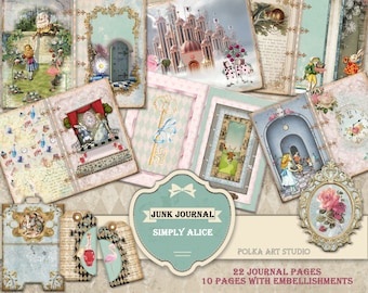 Könnte beinhalten: Ein digitales Scrapbooking-Set mit 22 Journal-Seiten und 10 Seiten mit Verzierungen, die Bilder zum Thema Alice im Wunderland zeigen. Das Set enthält Bilder von Alice, dem Hutmacher, der Herzkönigin und anderen Figuren aus dem Buch. Die Bilder sind im Vintage-Stil gehalten und perfekt für Scrapbooking, Kartenherstellung und andere Papierarbeiten.