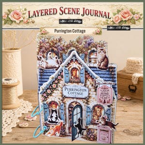 Può includere: Un diario a scene stratificate intitolato Purrington Cottage, caratterizzato da una casa in carta multistrato con persiane blu, decorazioni floreali e illustrazioni di gatti. Un cartello recita A HOUSE IS NOT A HOME WITHOUT A CAT.