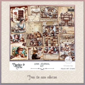 May include: A collage of images featuring chocolate and coffee themed illustrations. The images include a coffee shop, chocolate bars, coffee beans, and people enjoying coffee and chocolate. The text "Chocolate & Coffee" and "Junk Journal Kit" is visible in the image.
