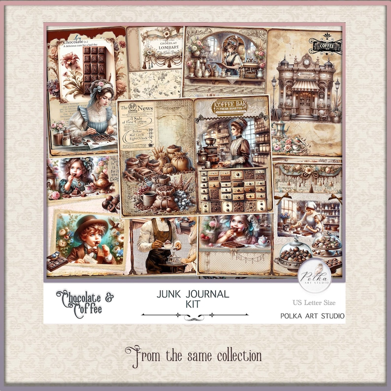 May include: A collage of images featuring chocolate and coffee themed illustrations. The images include a coffee shop, chocolate bars, coffee beans, and people enjoying coffee and chocolate. The text "Chocolate & Coffee" and "Junk Journal Kit" is visible in the image.
