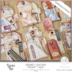Cartella portaoggetti digitale con etichette tascabili, Shabby Ephemera, Pelle vintage effetto grunge neutro, Abbellimenti per journaling stampabili