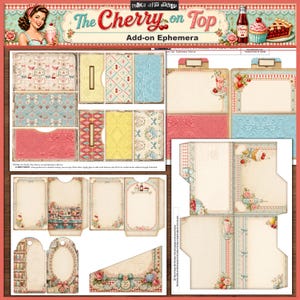 May include: A collection of vintage-style paper ephemera with a cherry theme. The set includes patterned cards, tags, and decorative elements in pastel colors like pink, blue, and yellow. The text "The Cherry on Top" is displayed at the top.