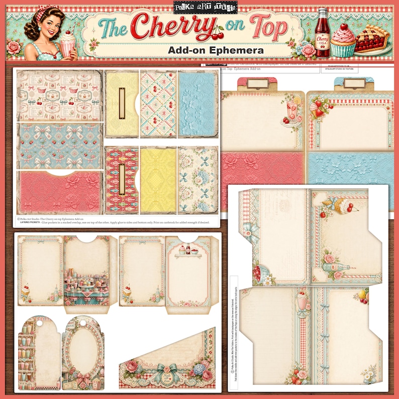 May include: A collection of vintage-style paper ephemera with a cherry theme. The set includes patterned cards, tags, and decorative elements in pastel colors like pink, blue, and yellow. The text "The Cherry on Top" is displayed at the top.